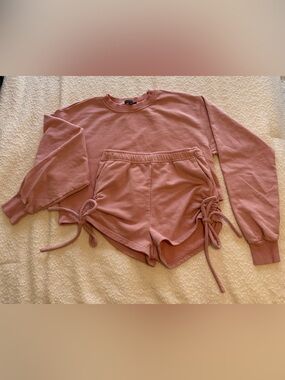 Pink Drawstring Lounge Set - Sweatshirt & Shorts